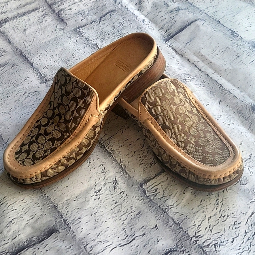 Coach Khaki Brown Signature Jacquard Tan Leather Vanessa Mules Flats Shoes